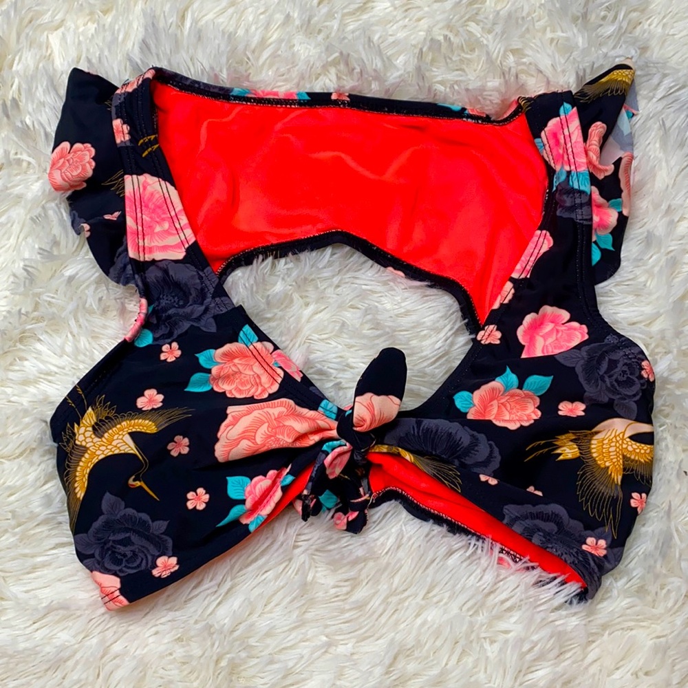 Time and Tru Black Pink Ruffle Flowery Swimsuit Bikini Top Size 8-10